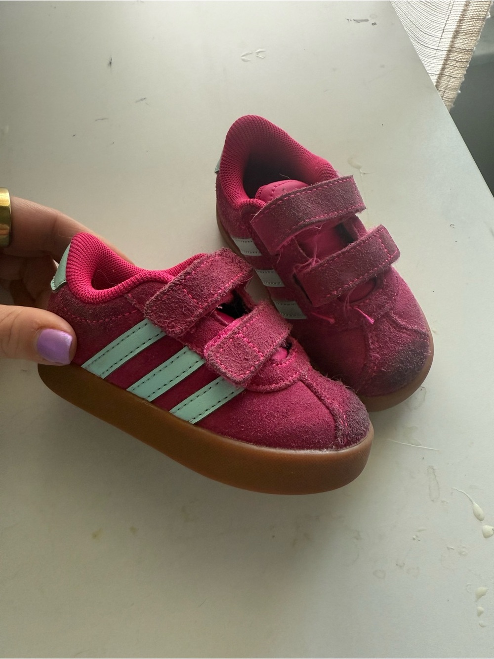 adidas Kids Suede Velcro Sneakers in Hot Pink with White Stripes